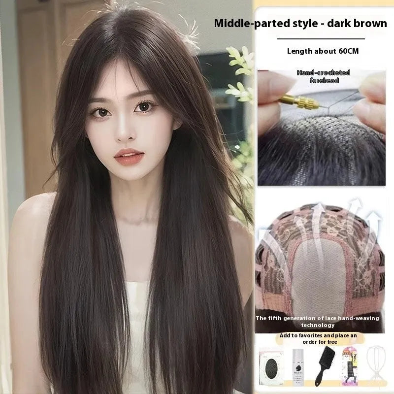 Forehead lace long straight full-head wig with side bangs in high temperature fibre material