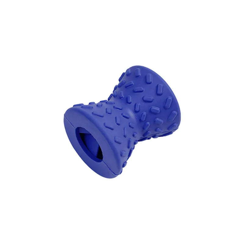 Blue natural rubber bone-shaped dog toy with treat holes for interactive chewing.