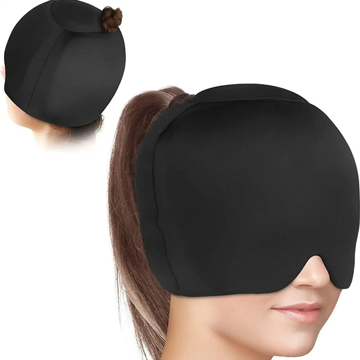 Simple solid colour cold compress cap in black, dark blue, or pink, showing its fully enclosed polyester design.
