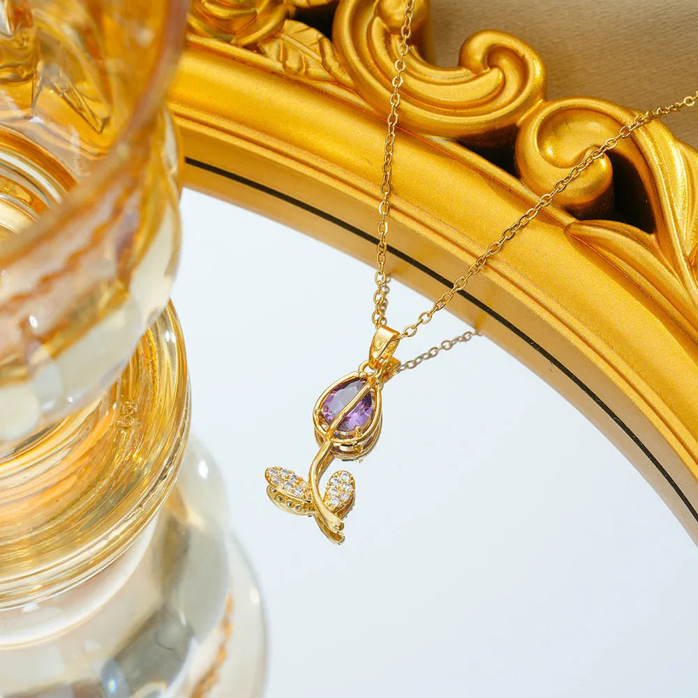 Zircon tulip necklace for women with a floral pendant on an adjustable titanium steel chain.