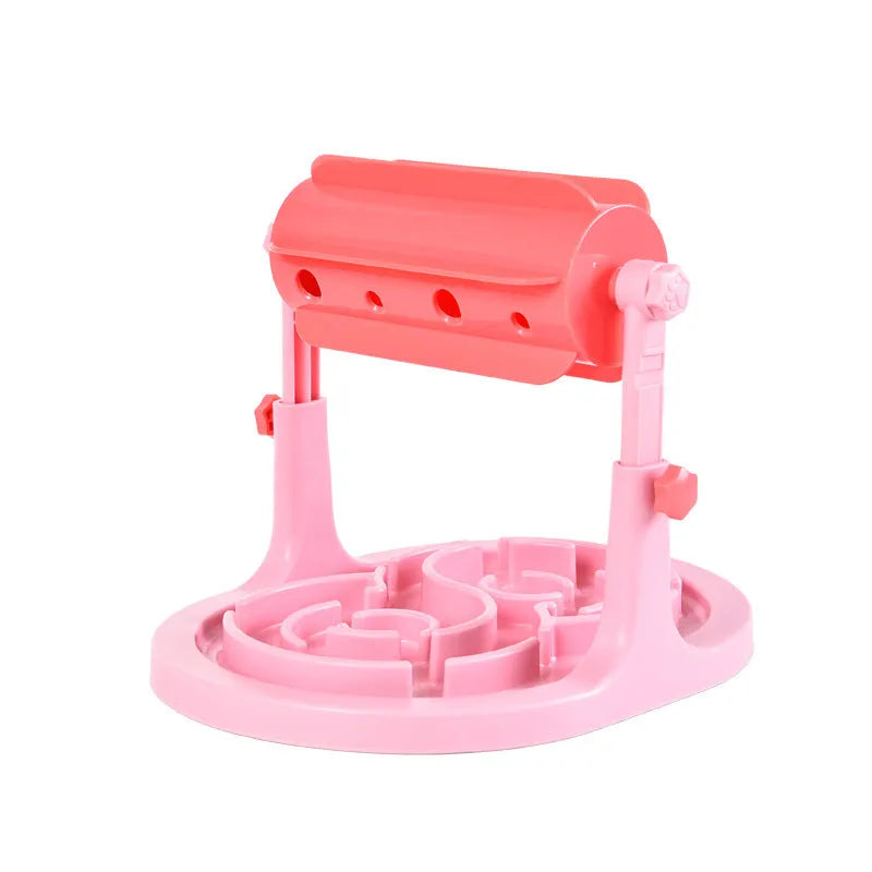 Interactive pet puzzle feeder bowl with adjustable height in blue, green, and pink colour options