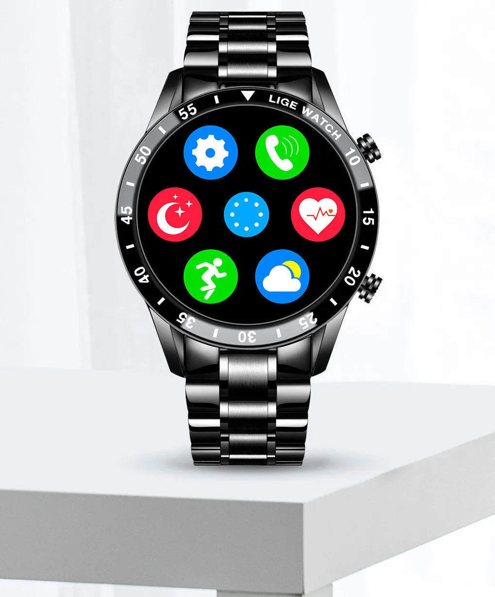 Stainless steel smart watch with a black band and a 1.3-inch touch screen display.