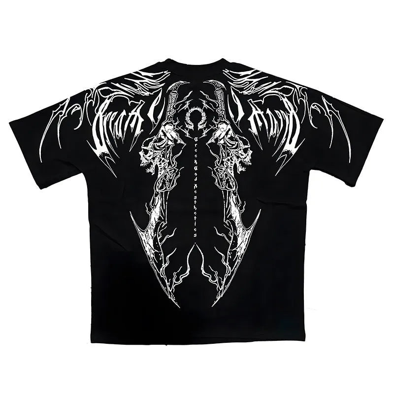 Dark coloured loose fit plus size cotton short-sleeved t-shirt with gilding detail.