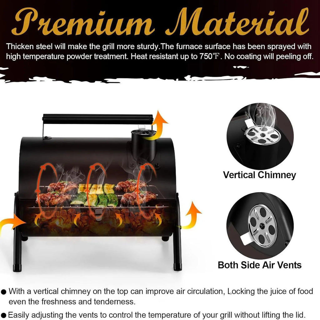 Small folding desktop charcoal barbecue grill shown in open cooking position