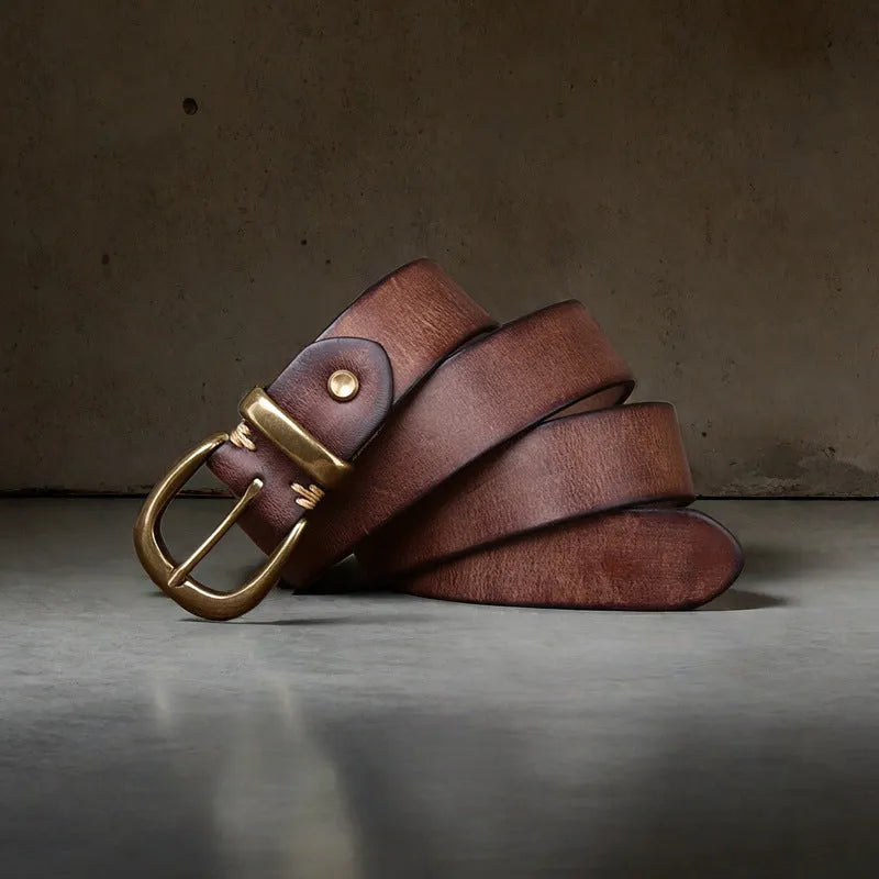 Men's first layer cowhide leather belt with copper pin buckle in black brown and khaki colors