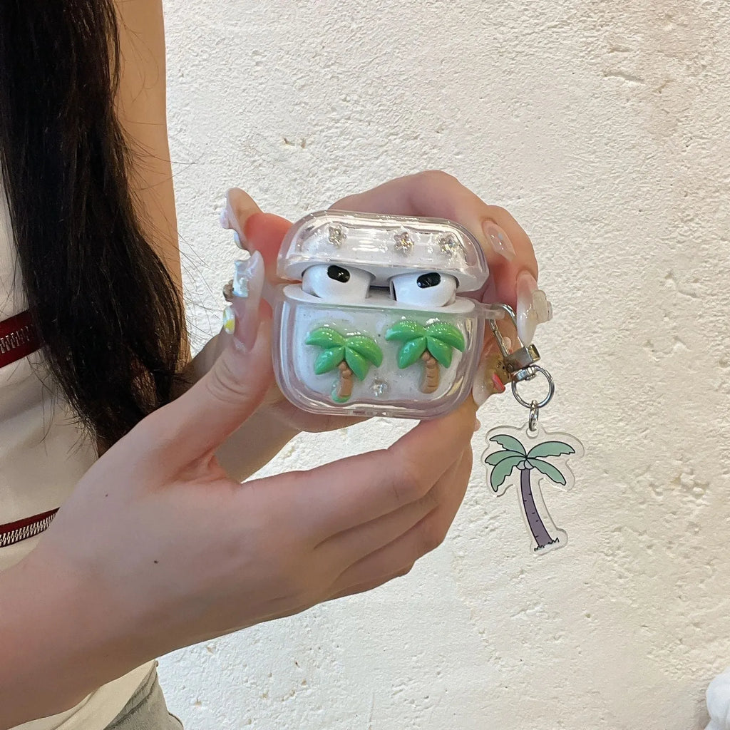 3D epoxy coconut tree TPU earphone case for Apple AirPods with optional pendant chain