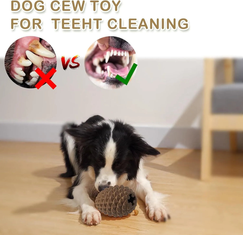 Yellow pine cone shaped dog chew toy with treat dispenser hole and textured surface