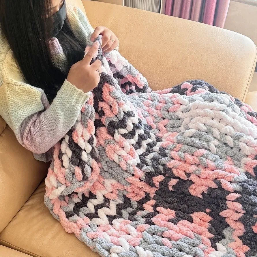 Coarse yarn chenille knitted blanket with braided gravity texture in modern colour pattern