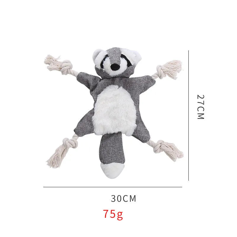 Brown fox plush dog toy with squeaker in head, crinkle paper body, and rope limbs for chewing