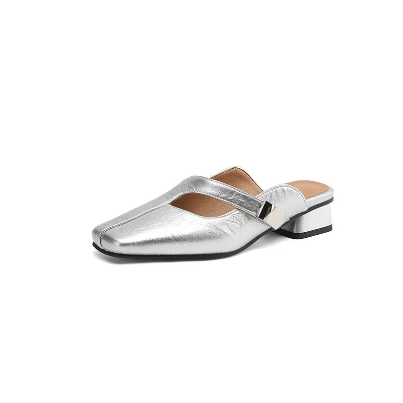 British style square toe outdoor slippers in artificial PU with rubber sole