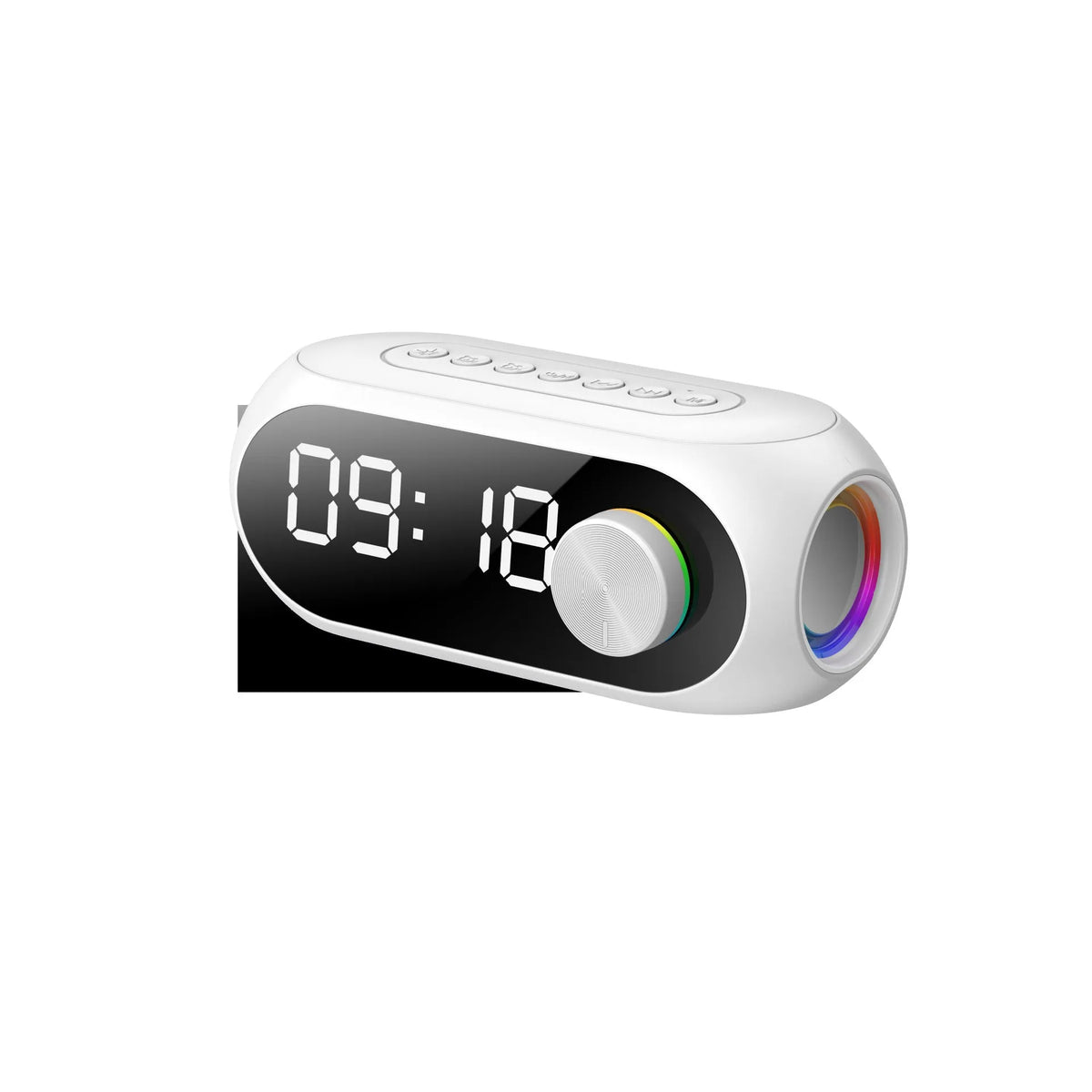 S8 Black portable mini clock and Bluetooth speaker with extra bass on a desk, connected via USB cable.