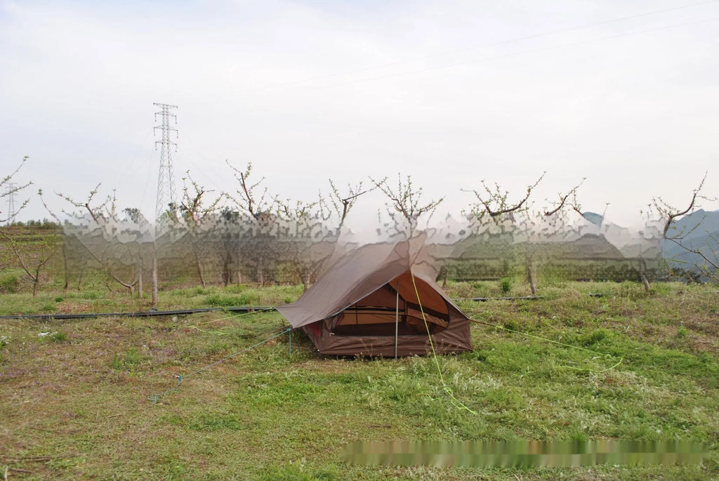 Brown and white pole-free A-line tent made of 210T fabric with PU4000 waterproofing for 2-3 people