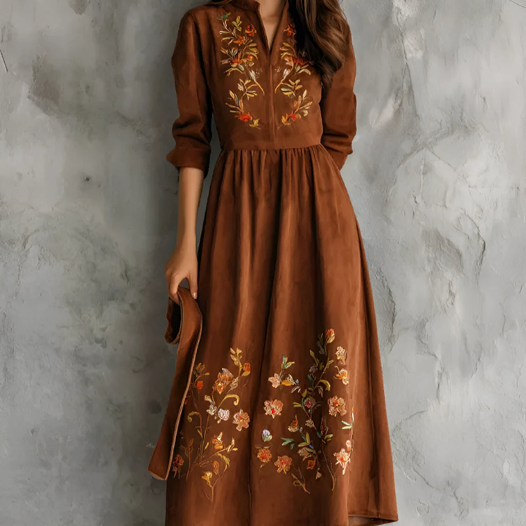 Brown vintage-style midi dress with floral embroidery and suede texture