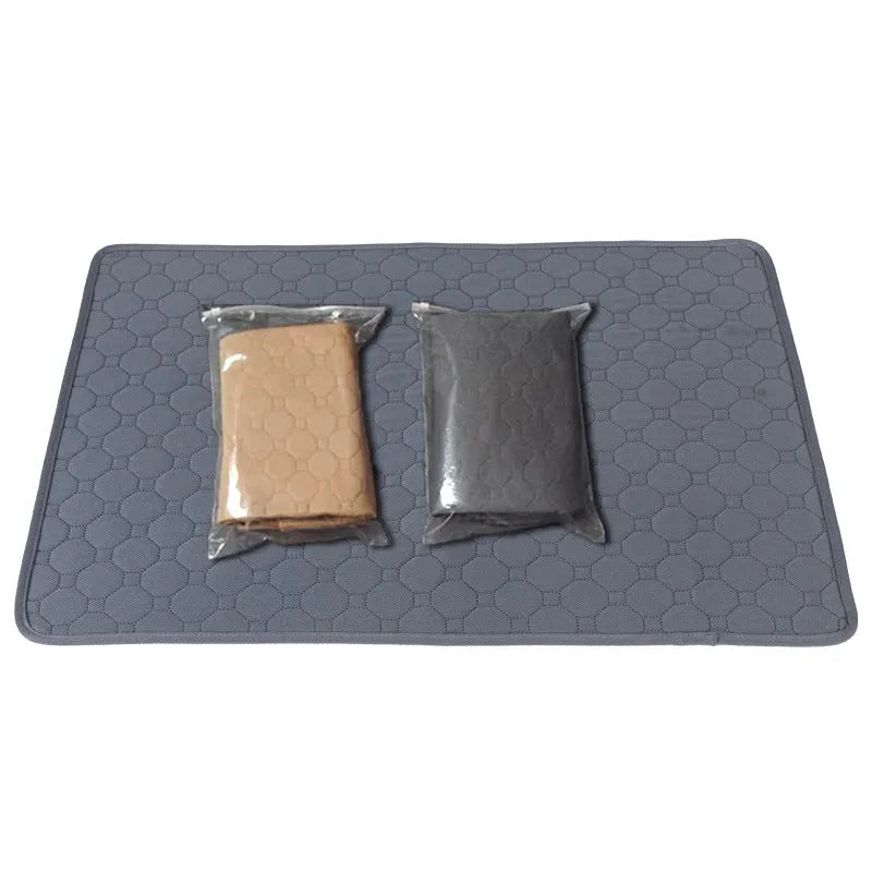 Grey and tan washable dog pee pads showing waterproof backing and size options