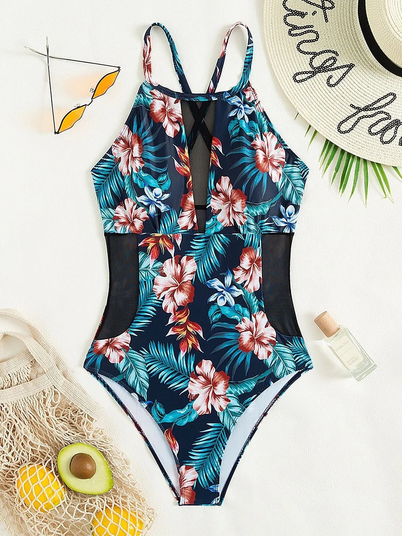 Women's deep V-neck one-piece swimsuit in a solid colour, showing European and American style design.