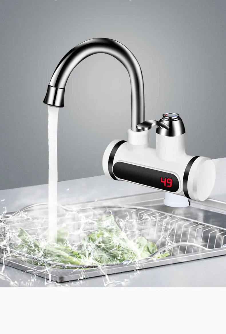 White electric kitchen water heater with digital temperature display and instant hot water function
