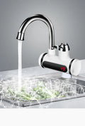 White electric kitchen water heater with digital temperature display and instant hot water function