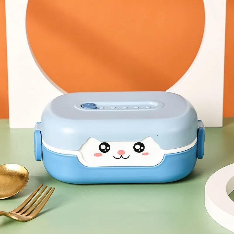 Square plastic divided lunch box with cartoon styling and microwave compatibility
