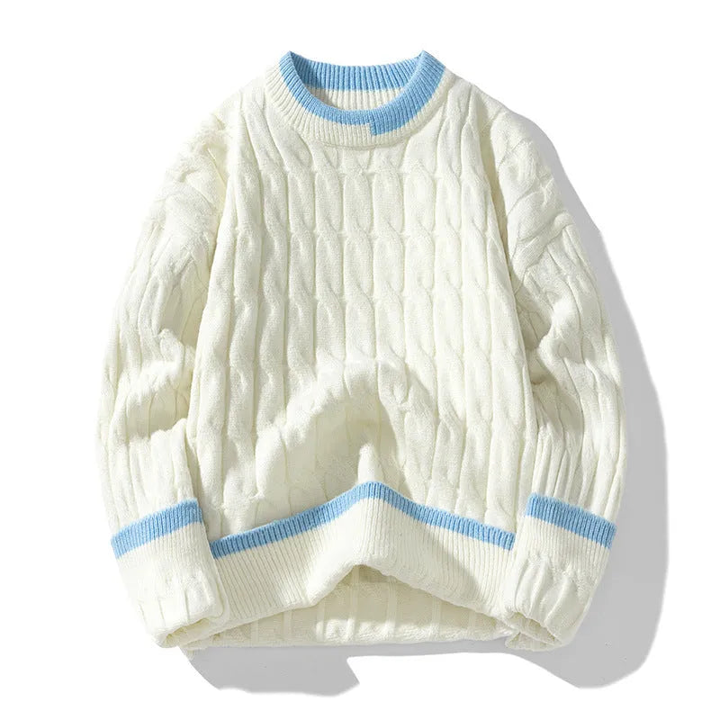 Men's loose fit modal acrylic blend pullover sweater in light blue, shown as a two-piece bottoming set.