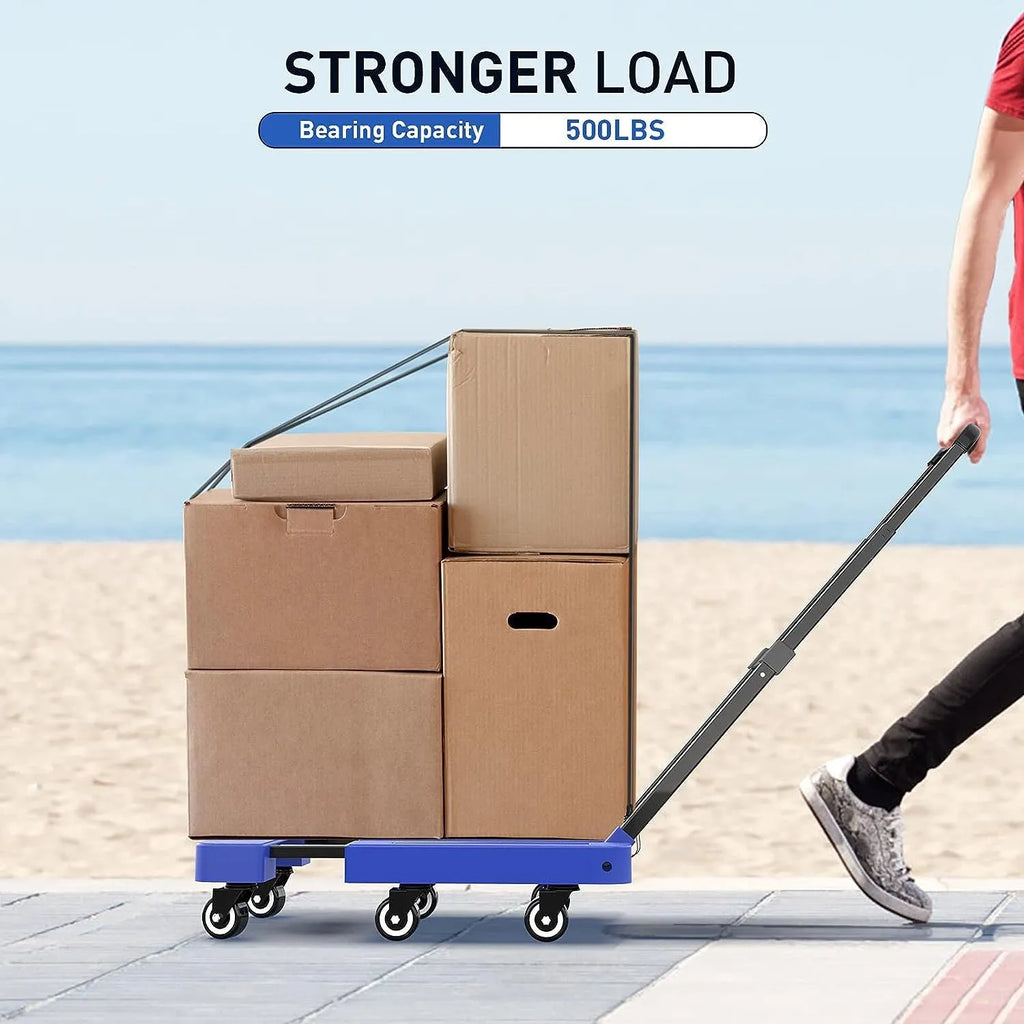 Black foldable handcart with silent PU wheels and PP plastic metal frame, portable trolley for shopping and moving.