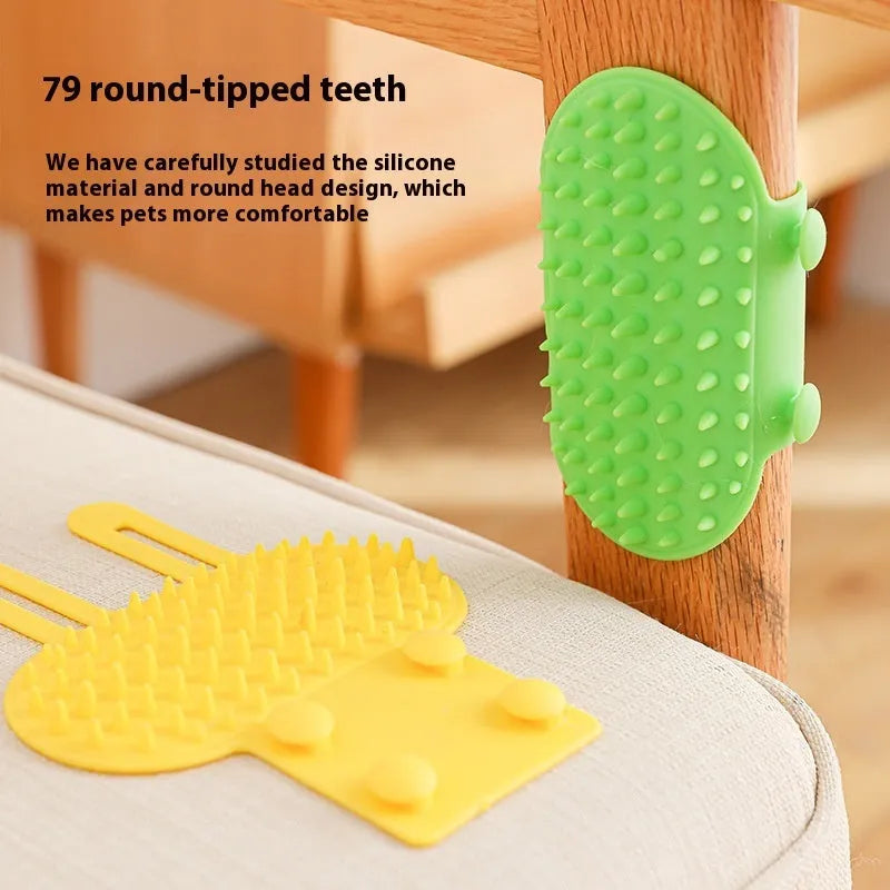 Silicone pet grooming brush with comb teeth and adjustable strap in black, green, pink or yellow