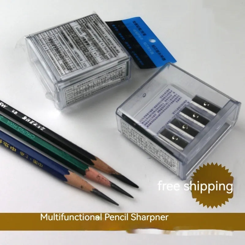 Geometric plastic pencil sharpener with four holes and screwdriver tool