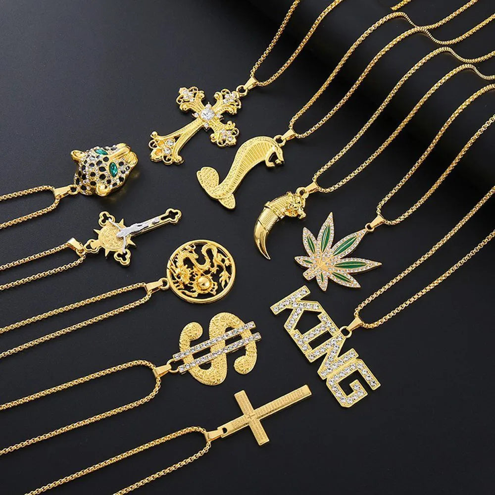 Gold tone geometric pendant necklace with zircon stone inlay and diamond cut finish