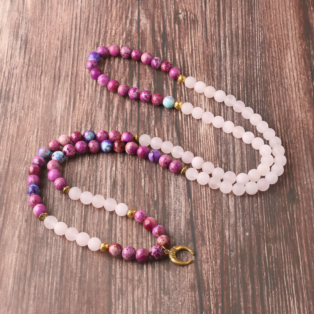 Round pendant necklace with pink crystal emperor stone and personalised bead design on chain