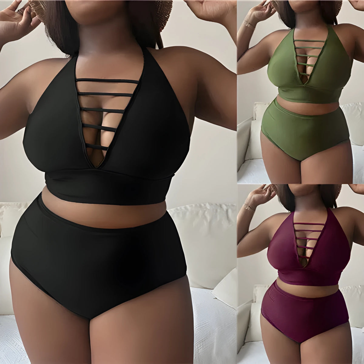 Plus size halter bikini set with adjustable cross straps and high-waist briefs in solid colour