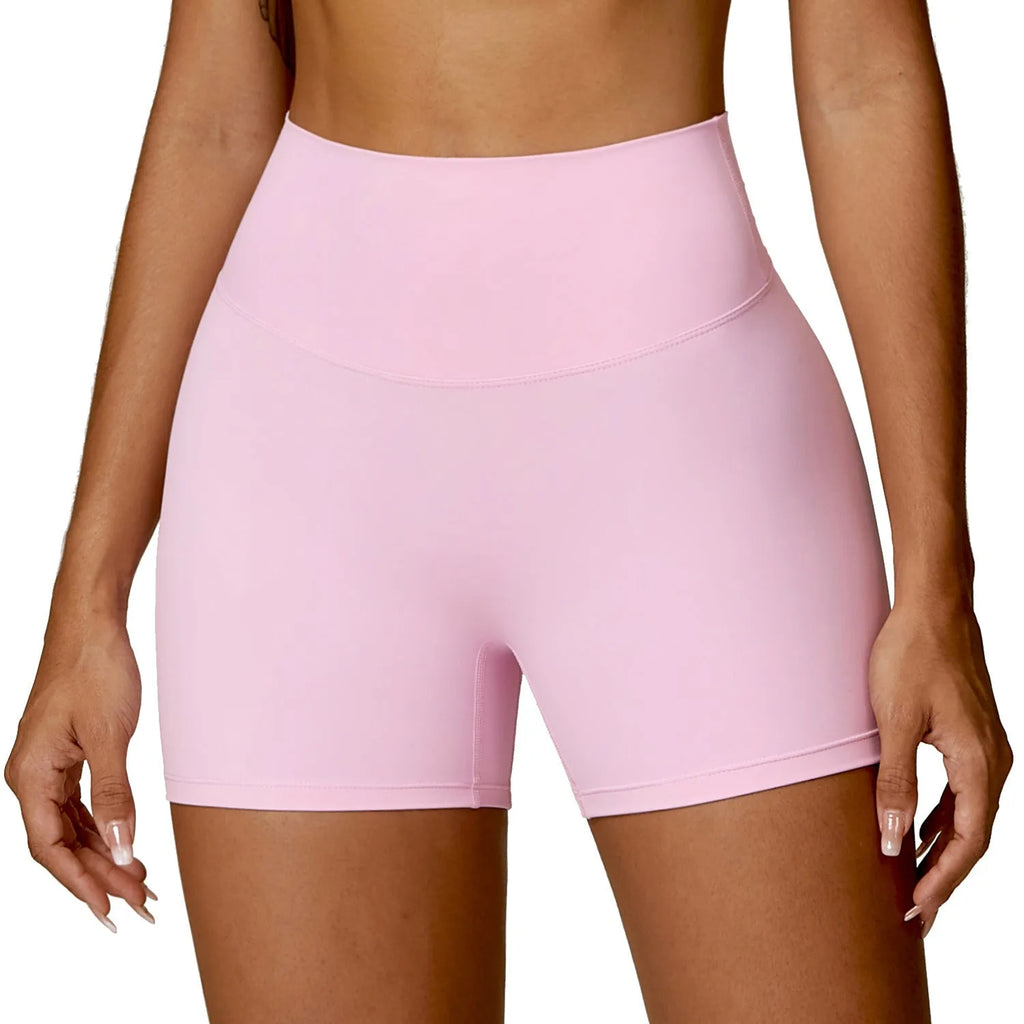 Women's high-waisted nylon yoga shorts in assorted colours on a size chart.