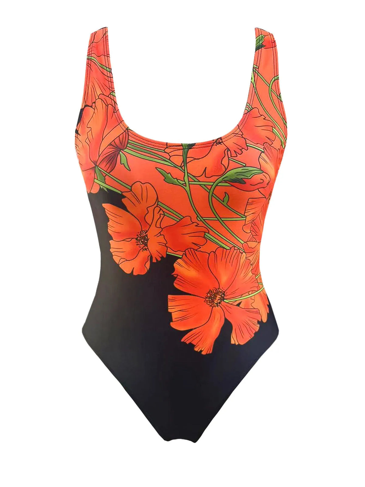 Orange flower print backless one-piece swimsuit on a model, showing slim fit design.