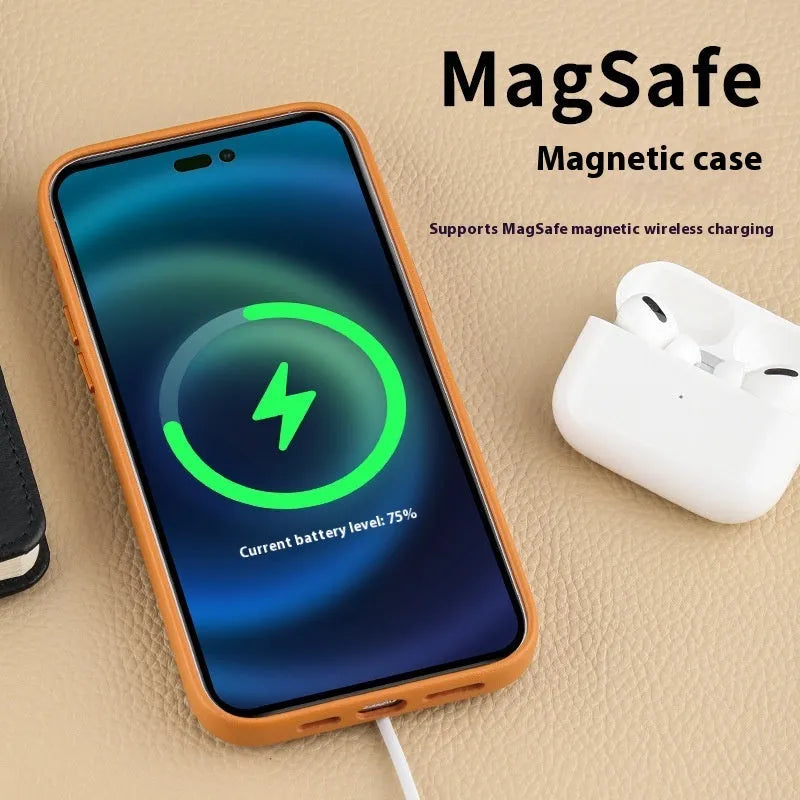 Magnetic leather phone case for iPhone 14 series in Midnight, Golden Brown, Pine Green, Thick Ink, Ochre Red.