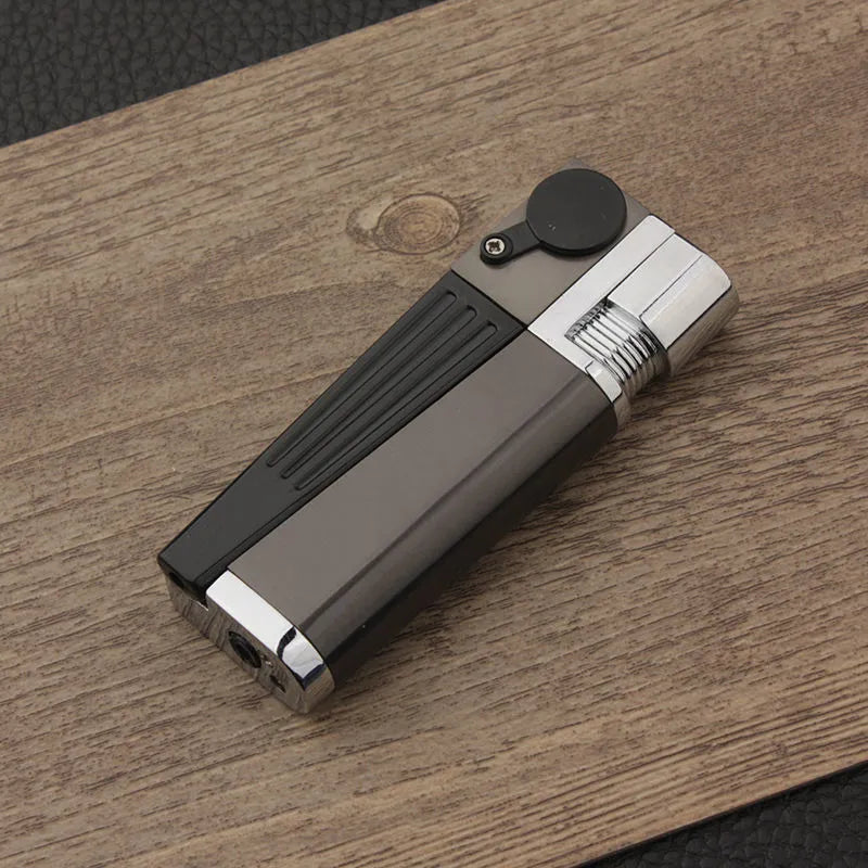 Silver and black foldable metal pipe lighter showing open and closed positions with refillable butane valve
