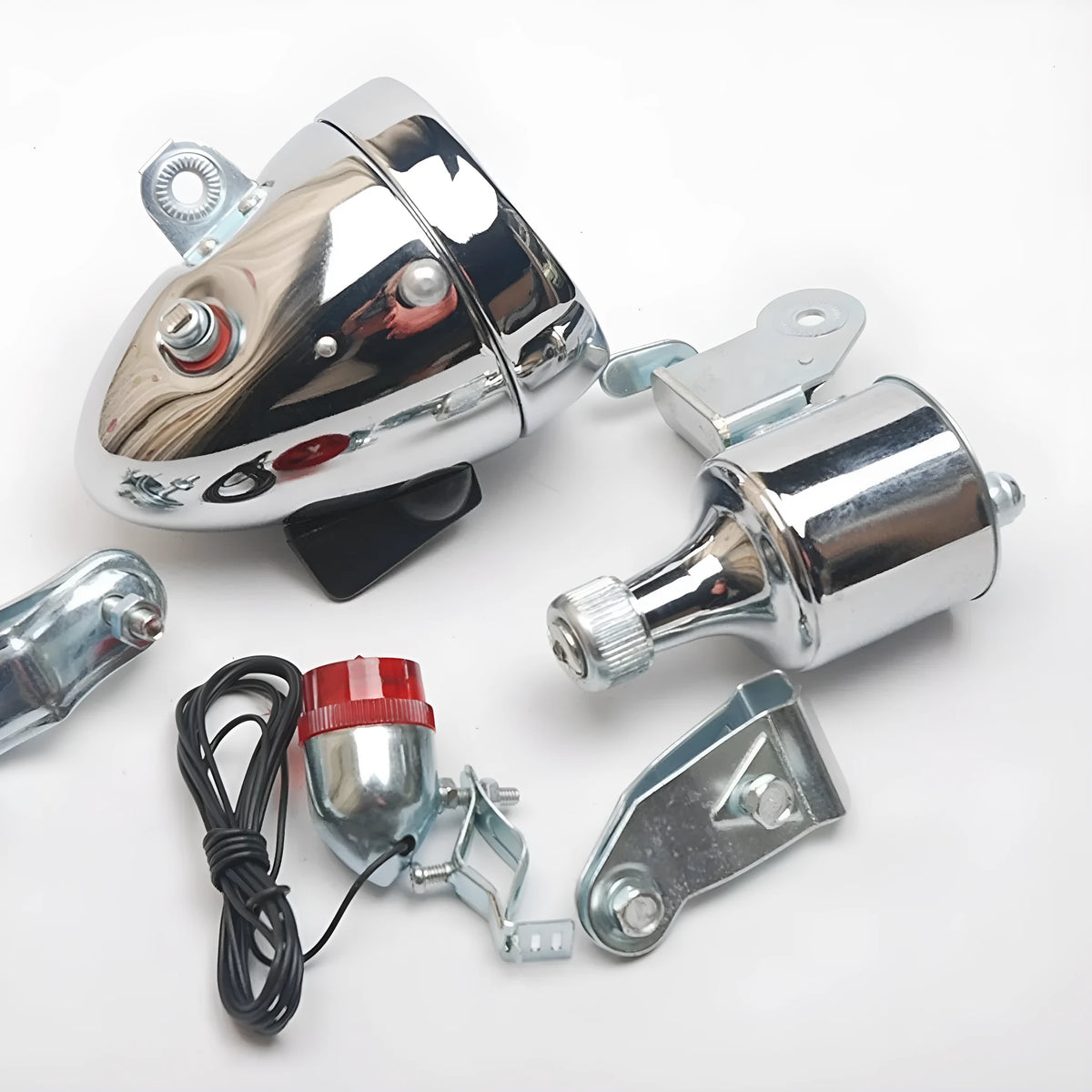 Silver bicycle dynamo light set with generator unit and wiring for front fork or rear frame mounting
