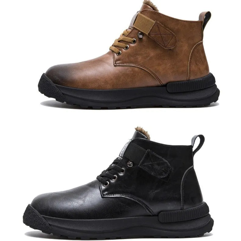 Men's black high-top platform Martin Boots with velvet-like finish and rubber sole