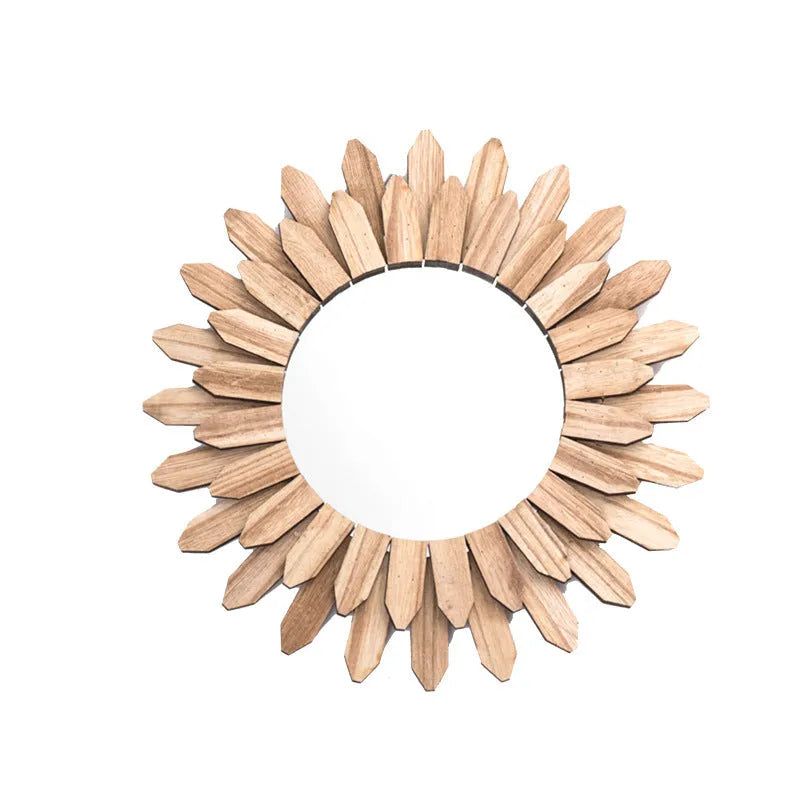 Round European-style solid wood hanging mirror with baked colour finish, shown on a wall.