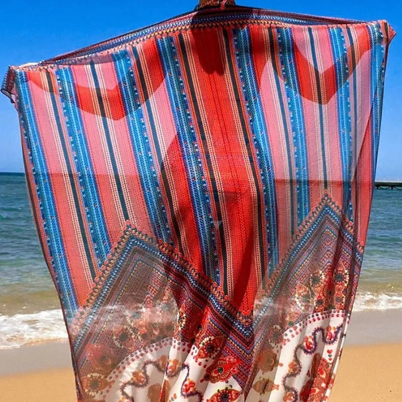 Women's three-piece swimsuit set showing high-waist briefs, a sleeveless cutout blouse, and a coat in picture colour.