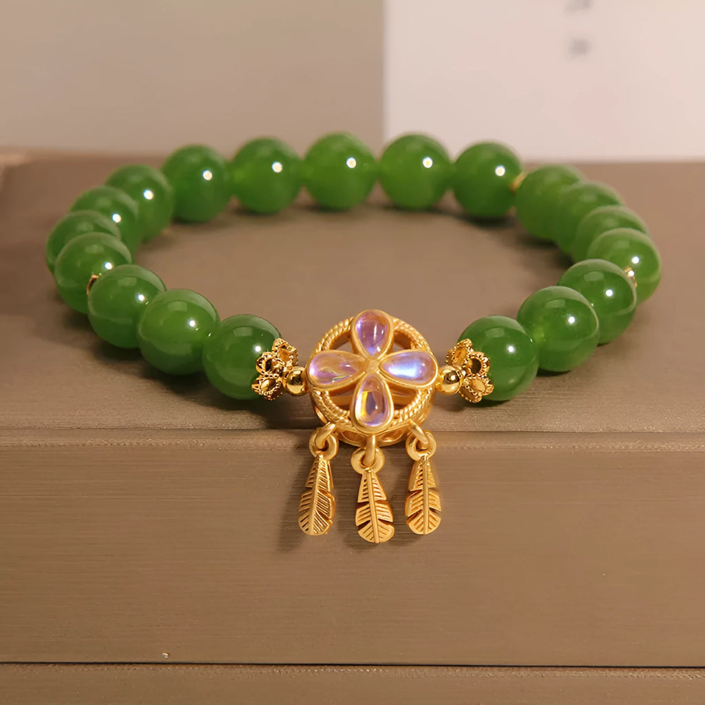 Green jasper crystal bracelet with four-leaf clover dream catcher pendant for women