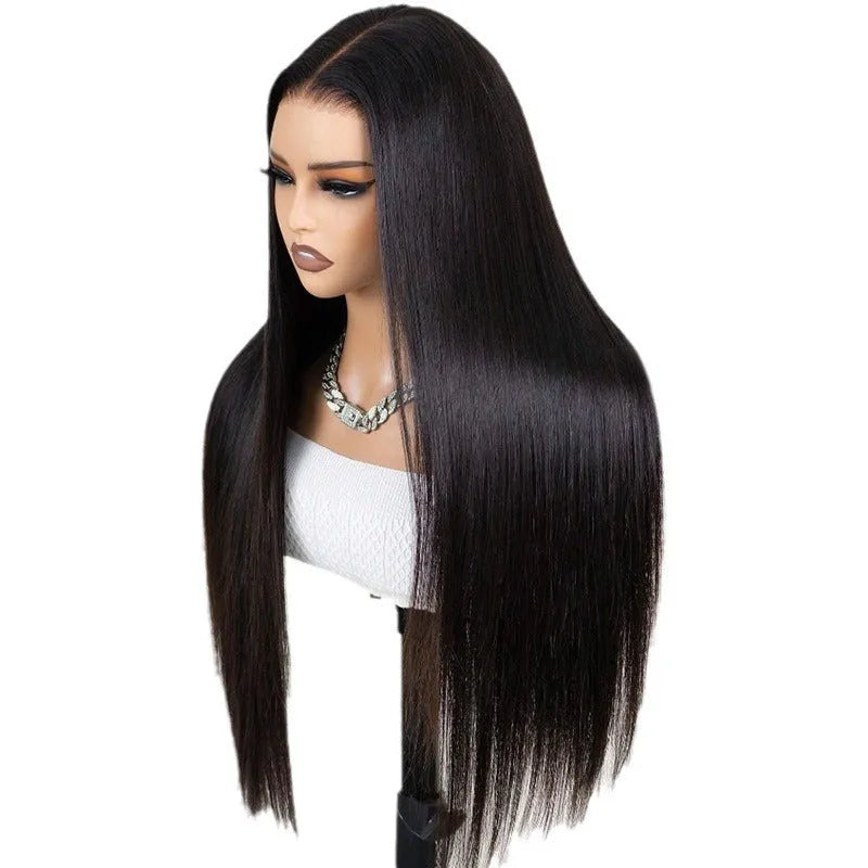 13x6 straight lace front human hair wig in black with natural hairline