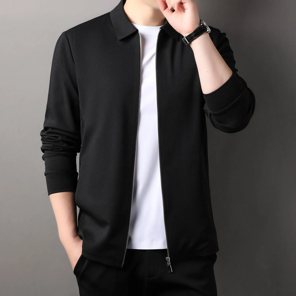 Men's apricot coloured business casual polyester jacket with straight hem on a hanger.