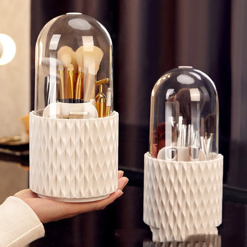 White rotating acrylic makeup brush storage holder with transparent design and dust cover