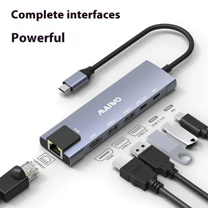 Steam Deck six-port docking station with aluminium casing and 15cm USB-C cable showing HDMI, Ethernet and USB ports