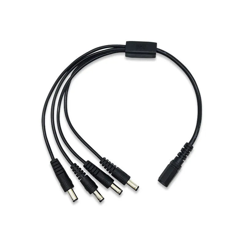 Black DC 4-way monitoring power cord with one input and four output connectors for CCTV cameras