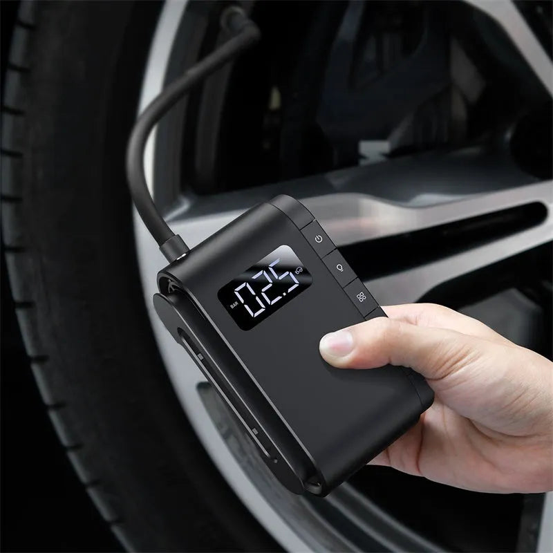 Black cordless car tyre inflator 45W with LED digital display and 5-150PSI pressure gauge, 130x80.21x46mm