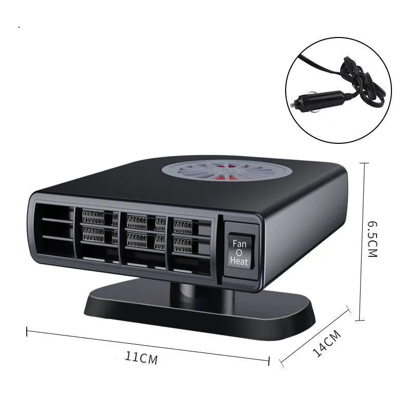 Black compact DC 12V car heater for defrosting and defogging with 360-degree rotation.
