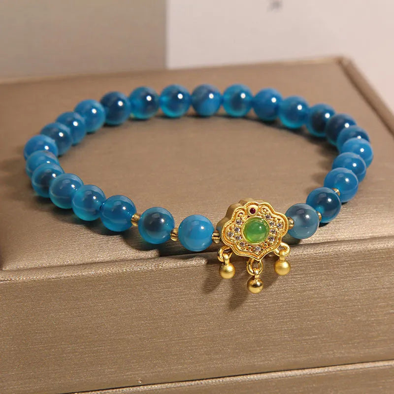 Blue sugar heart agate safety lock pendant bracelet for women with crystal construction and alloy inlay