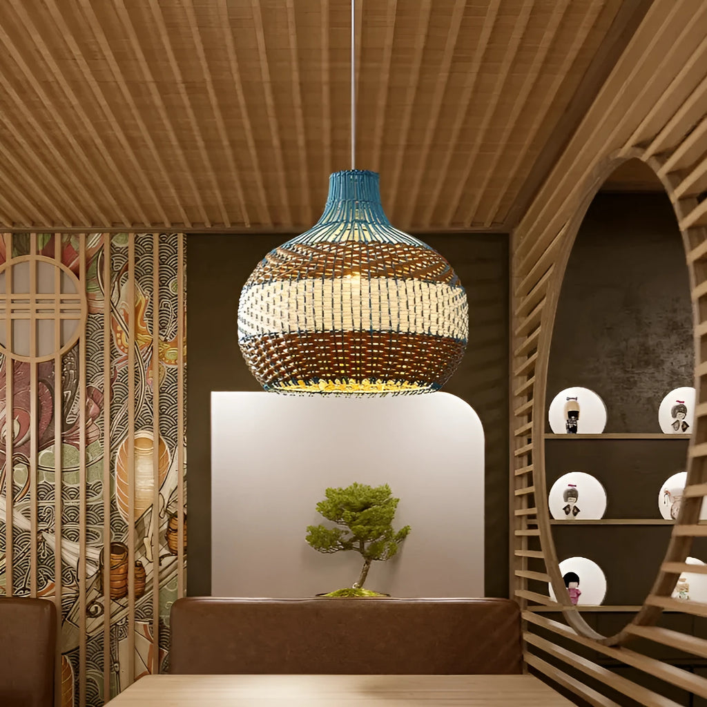 Woven vine pendant ceiling lamp in Southeast Asian pastoral style, showing natural texture.