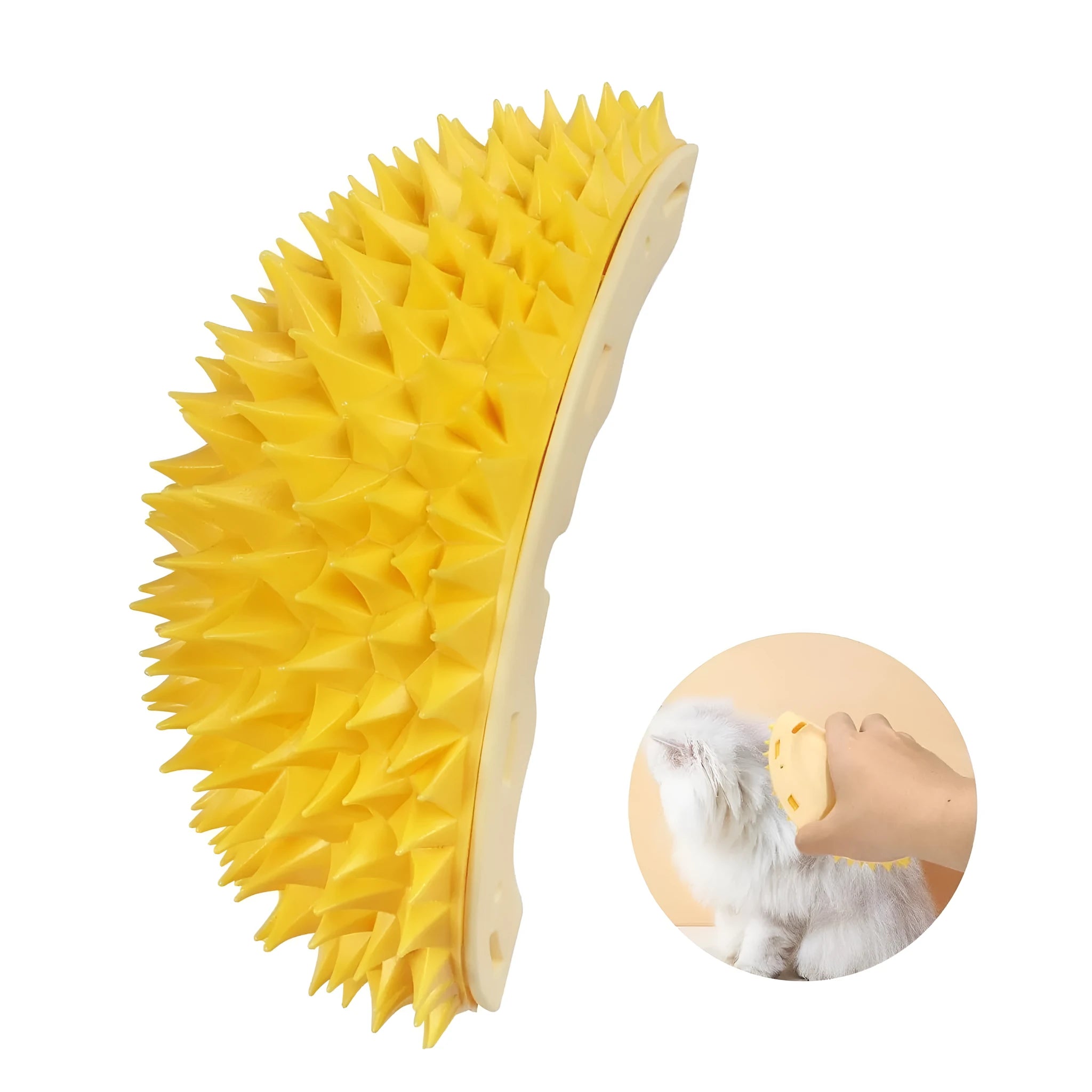 Yellow durian-shaped cat corner scratcher and grooming toy mounted on a wall.