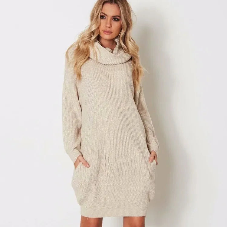 Women's lapel-collar pullover sweater in acrylic fibre with side pockets, shown in apricot colour