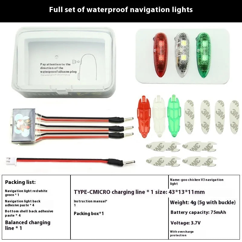 V3 wireless charging waterproof navigation light for model cars and boats in green, red, white, or mixed colours.